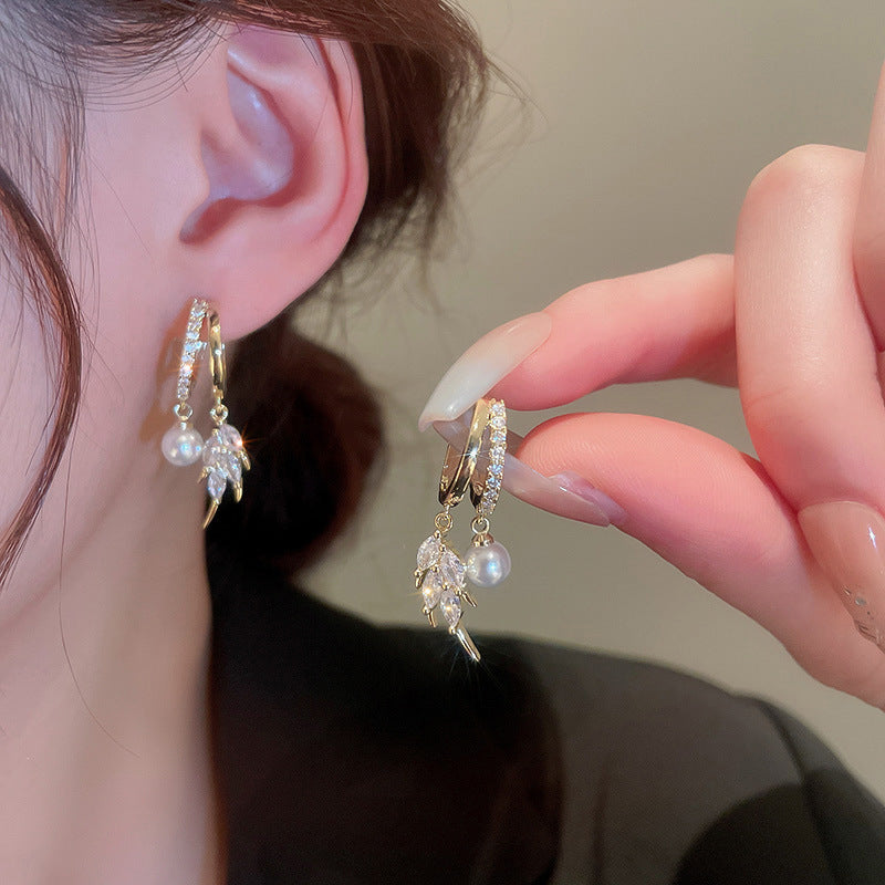 Gold Pearl Crystal Leaf Hoop Earrings On-Ear Wear Display