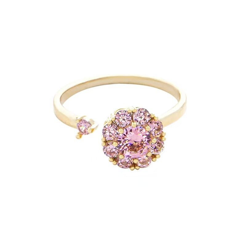 Gold tone adjustable open ring with pink crystal flower cluster for women