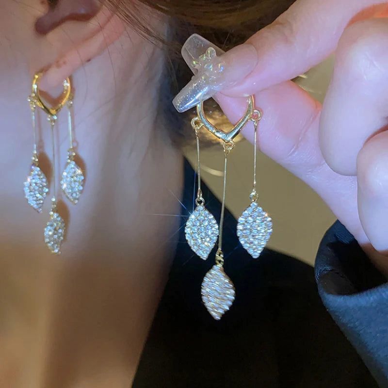 Women's Sparkling Gold Heart Crystal Leaf Long Dangle Earrings