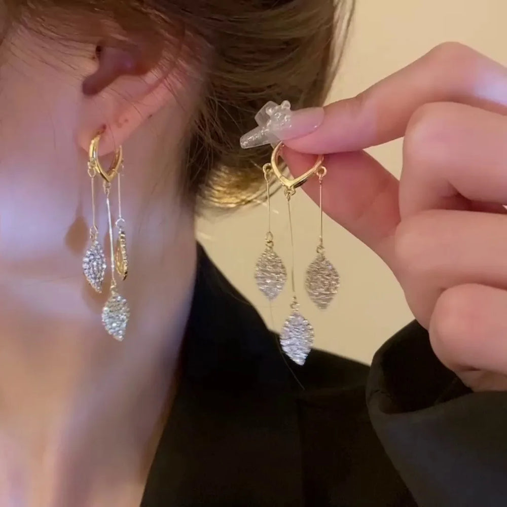 Gold Heart Hoop Crystal Leaf Dangle Drop Earrings