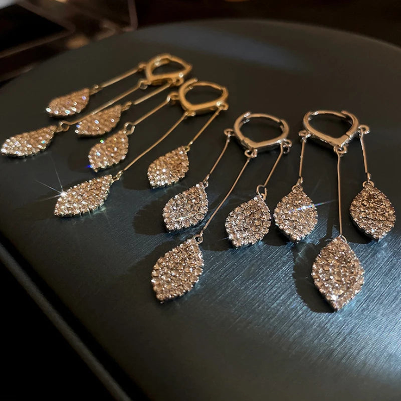 3-Drop Pave Rhinestone Leaf Dangle Earrings in Gold and Silver Tones