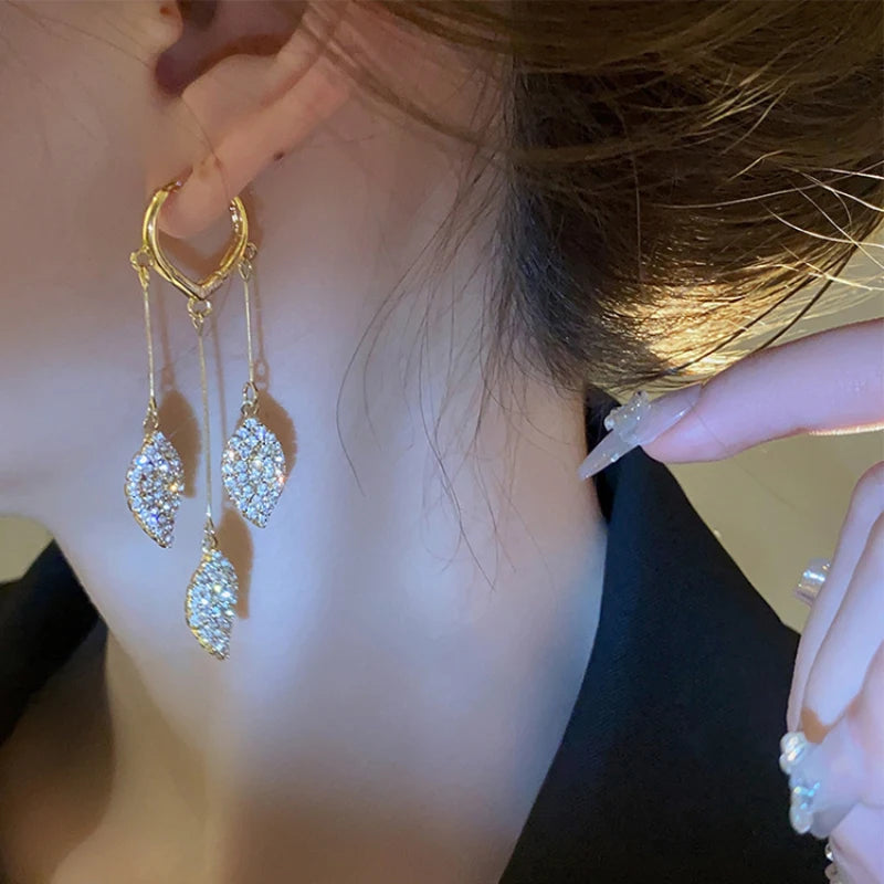Women's Gold Pave Crystal Leaf Dangle Hoop Earrings