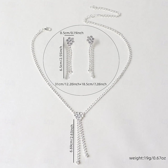 Silver rhinestone necklace earring set with size and weight specs on white background