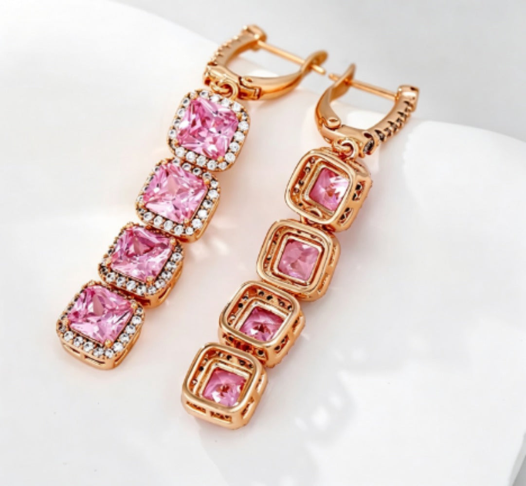 Rose gold pink halo drop earrings, front and back view showing reverse setting detail
