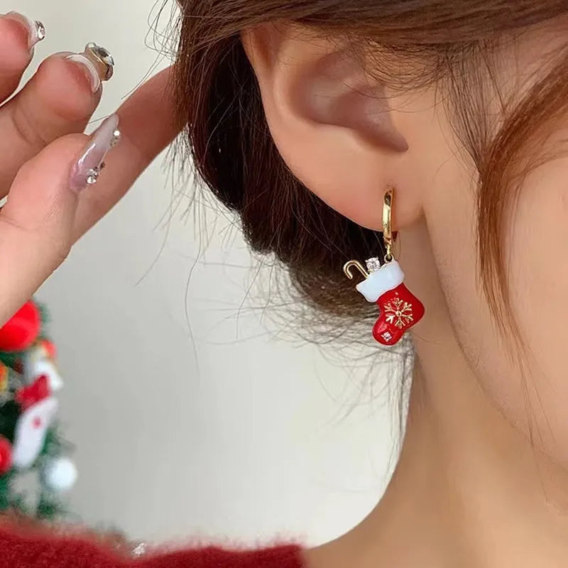 Close-up detail of the sparkling zircons and plating on the christmas earrings