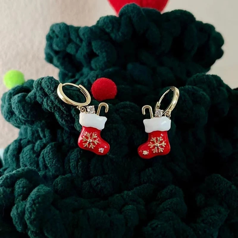 Angled view of the 14K Gold Plated Christmas Socks Earrings