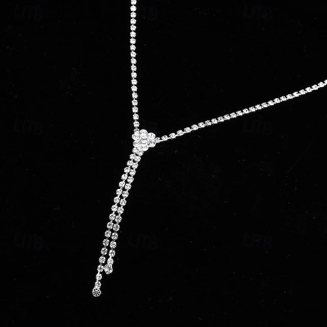 Silver rhinestone Y-lariat necklace with double dangling crystal chains